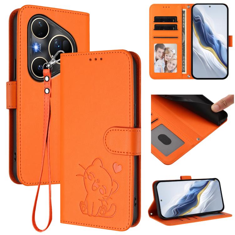 Embossed Heart Cat Leather Phone Case with Hand Strap, For Huawei Mate 70 Air 5G, For Huawei Pura 80 Ultra 5G, For Huawei Pura 80 Pro 5G / Pura 80 Pro+ 5G, For Huawei Pura 80 5G