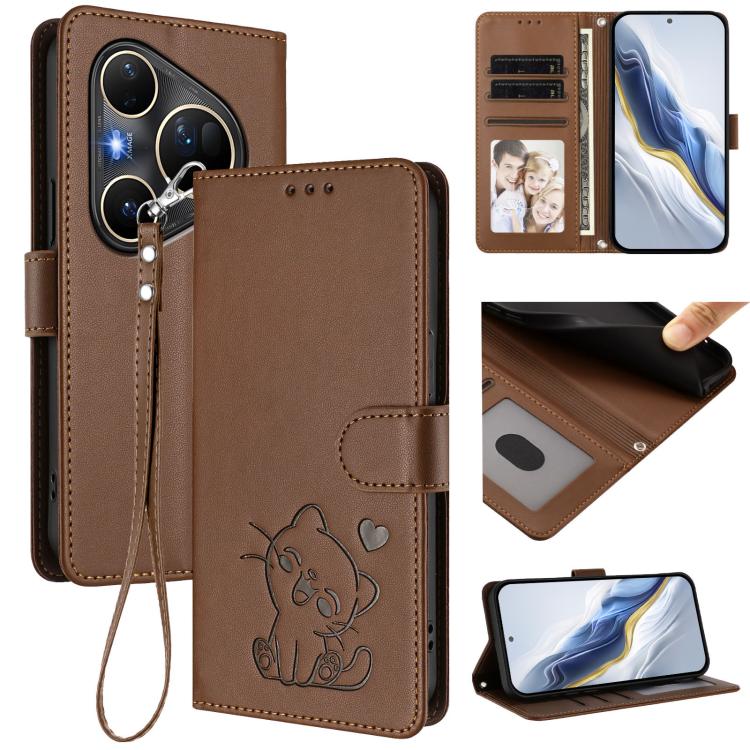 Embossed Heart Cat Leather Phone Case with Hand Strap, For Huawei Mate 70 Air 5G, For Huawei Pura 80 Ultra 5G, For Huawei Pura 80 Pro 5G / Pura 80 Pro+ 5G, For Huawei Pura 80 5G