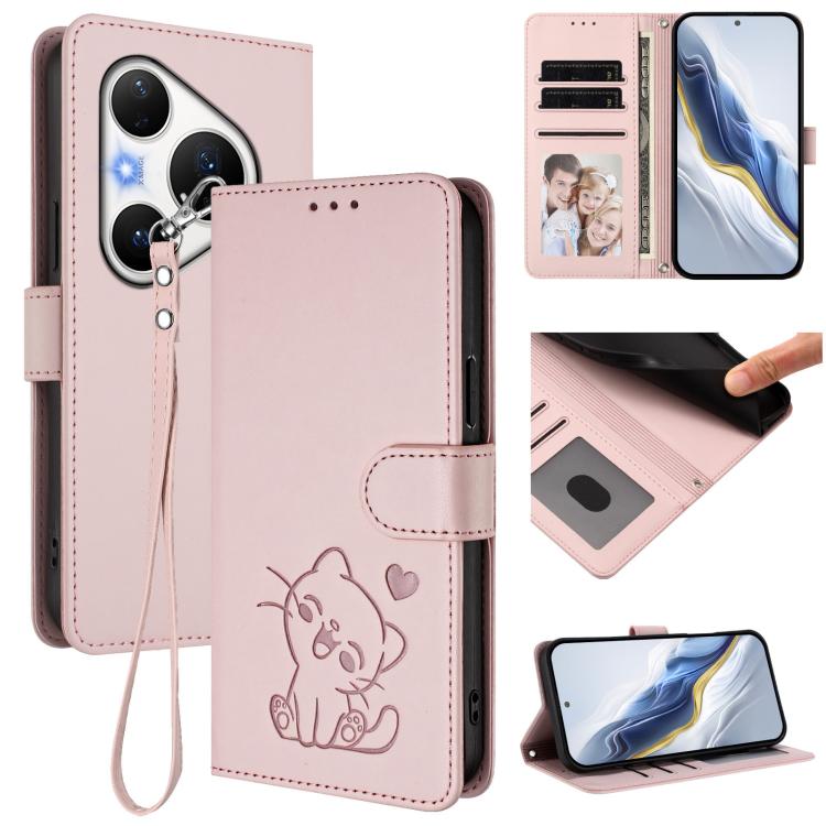 Embossed Heart Cat Leather Phone Case with Hand Strap, For Huawei Mate 70 Air 5G, For Huawei Pura 80 Ultra 5G, For Huawei Pura 80 Pro 5G / Pura 80 Pro+ 5G, For Huawei Pura 80 5G