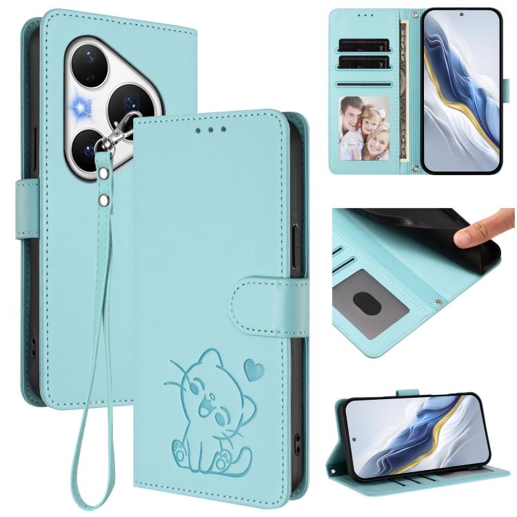 Embossed Heart Cat Leather Phone Case with Hand Strap, For Huawei Mate 70 Air 5G, For Huawei Pura 80 Ultra 5G, For Huawei Pura 80 Pro 5G / Pura 80 Pro+ 5G, For Huawei Pura 80 5G