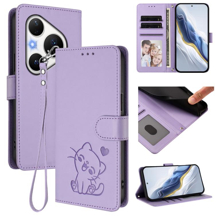 Embossed Heart Cat Leather Phone Case with Hand Strap, For Huawei Mate 70 Air 5G, For Huawei Pura 80 Ultra 5G, For Huawei Pura 80 Pro 5G / Pura 80 Pro+ 5G, For Huawei Pura 80 5G