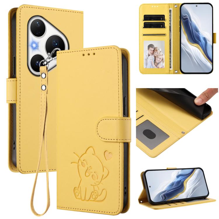 Embossed Heart Cat Leather Phone Case with Hand Strap, For Huawei Mate 70 Air 5G, For Huawei Pura 80 Ultra 5G, For Huawei Pura 80 Pro 5G / Pura 80 Pro+ 5G, For Huawei Pura 80 5G