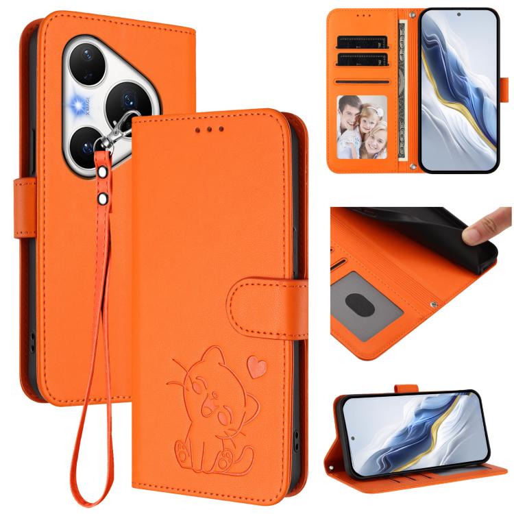 Embossed Heart Cat Leather Phone Case with Hand Strap, For Huawei Mate 70 Air 5G, For Huawei Pura 80 Ultra 5G, For Huawei Pura 80 Pro 5G / Pura 80 Pro+ 5G, For Huawei Pura 80 5G