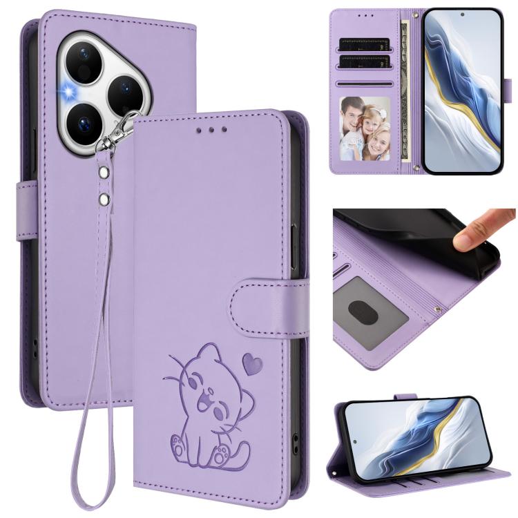 Embossed Heart Cat Leather Phone Case with Hand Strap, For Huawei Mate 70 Air 5G, For Huawei Pura 80 Ultra 5G, For Huawei Pura 80 Pro 5G / Pura 80 Pro+ 5G, For Huawei Pura 80 5G