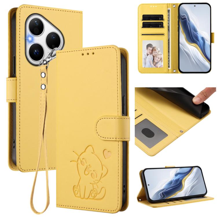 Embossed Heart Cat Leather Phone Case with Hand Strap, For Huawei Mate 70 Air 5G, For Huawei Pura 80 Ultra 5G, For Huawei Pura 80 Pro 5G / Pura 80 Pro+ 5G, For Huawei Pura 80 5G