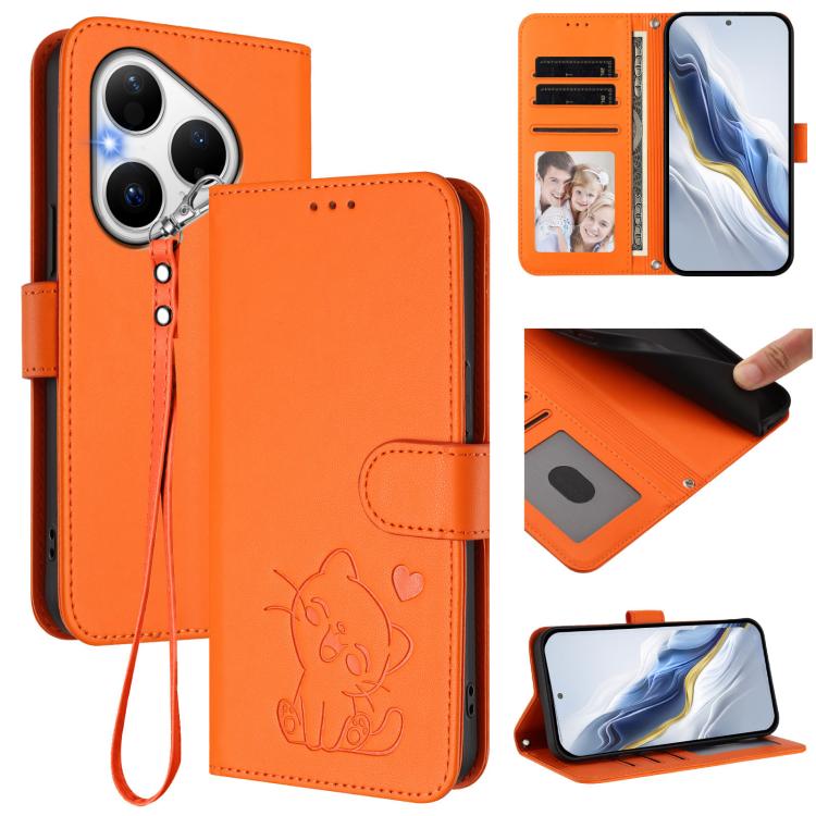 Embossed Heart Cat Leather Phone Case with Hand Strap, For Huawei Mate 70 Air 5G, For Huawei Pura 80 Ultra 5G, For Huawei Pura 80 Pro 5G / Pura 80 Pro+ 5G, For Huawei Pura 80 5G