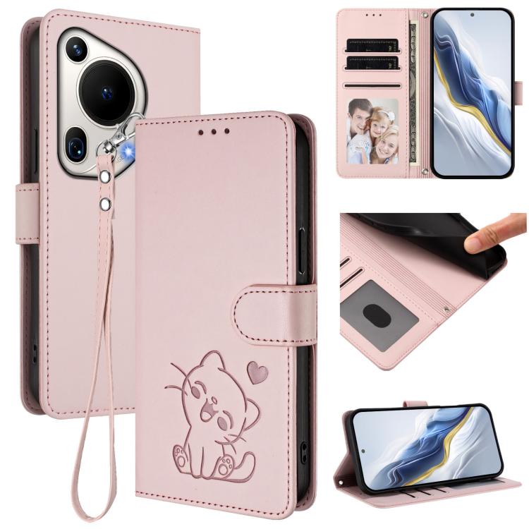 Embossed Heart Cat Leather Phone Case with Hand Strap, For Huawei nova 13 Pro, For Huawei nova 13 / nova 12, For Huawei Pura 70 Pro / Pura 70 Pro+, For Huawei Pura 70 Ultra