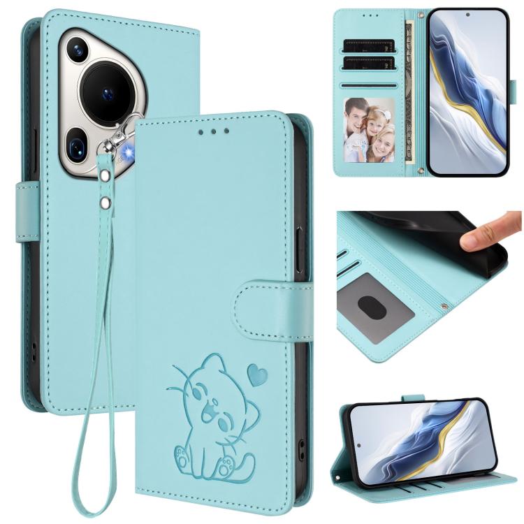 Embossed Heart Cat Leather Phone Case with Hand Strap, For Huawei nova 13 Pro, For Huawei nova 13 / nova 12, For Huawei Pura 70 Pro / Pura 70 Pro+, For Huawei Pura 70 Ultra