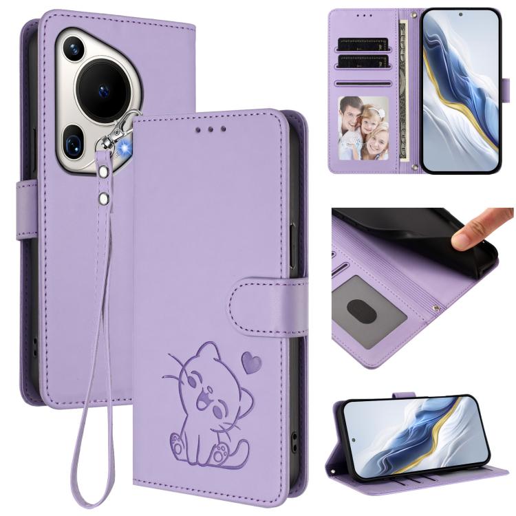 Embossed Heart Cat Leather Phone Case with Hand Strap, For Huawei nova 13 Pro, For Huawei nova 13 / nova 12, For Huawei Pura 70 Pro / Pura 70 Pro+, For Huawei Pura 70 Ultra