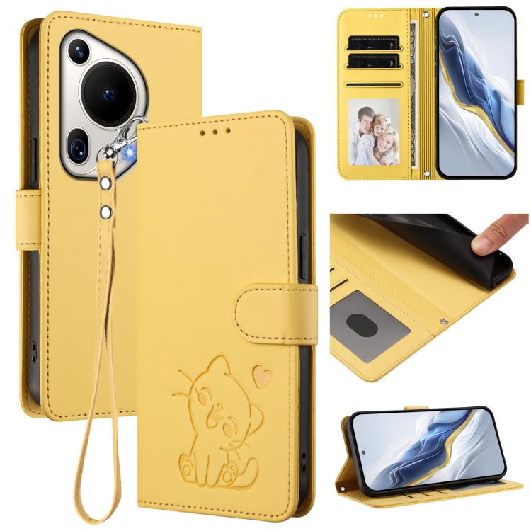 Embossed Heart Cat Leather Phone Case with Hand Strap, For Huawei nova 13 Pro, For Huawei nova 13 / nova 12, For Huawei Pura 70 Pro / Pura 70 Pro+, For Huawei Pura 70 Ultra