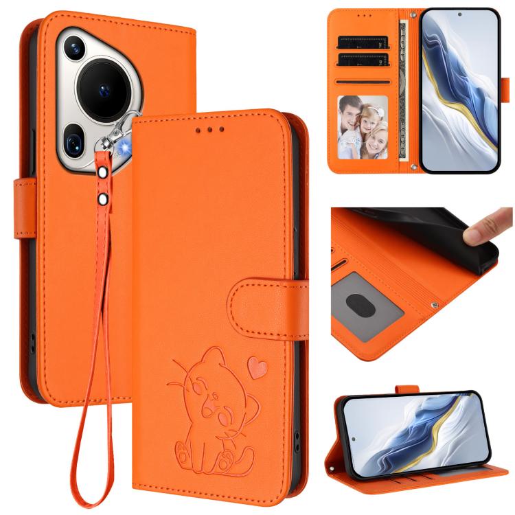 Embossed Heart Cat Leather Phone Case with Hand Strap, For Huawei nova 13 Pro, For Huawei nova 13 / nova 12, For Huawei Pura 70 Pro / Pura 70 Pro+, For Huawei Pura 70 Ultra