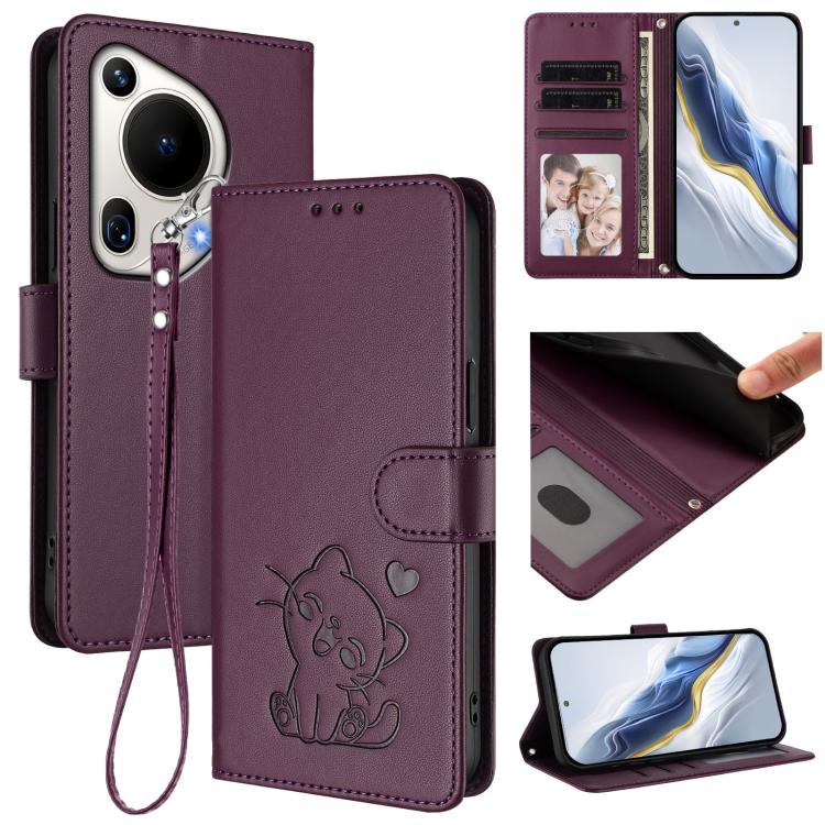 Embossed Heart Cat Leather Phone Case with Hand Strap, For Huawei nova 13 Pro, For Huawei nova 13 / nova 12, For Huawei Pura 70 Pro / Pura 70 Pro+, For Huawei Pura 70 Ultra
