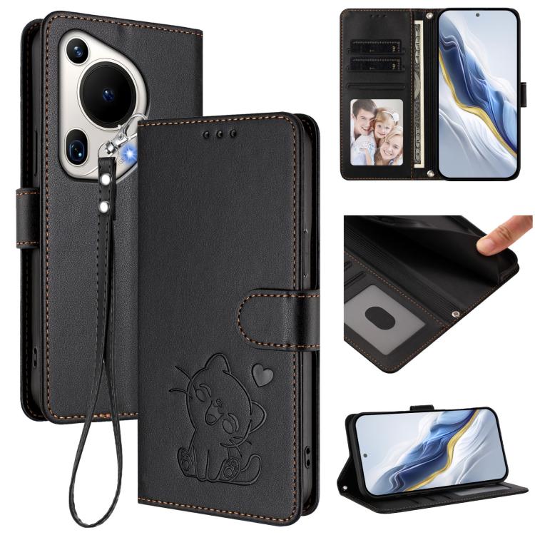 Embossed Heart Cat Leather Phone Case with Hand Strap, For Huawei nova 13 Pro, For Huawei nova 13 / nova 12, For Huawei Pura 70 Pro / Pura 70 Pro+, For Huawei Pura 70 Ultra