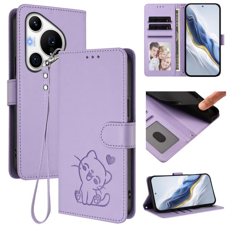 Embossed Heart Cat Leather Phone Case with Hand Strap, For Huawei nova 13 Pro, For Huawei nova 13 / nova 12, For Huawei Pura 70 Pro / Pura 70 Pro+, For Huawei Pura 70 Ultra