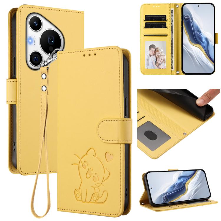 Embossed Heart Cat Leather Phone Case with Hand Strap, For Huawei nova 13 Pro, For Huawei nova 13 / nova 12, For Huawei Pura 70 Pro / Pura 70 Pro+, For Huawei Pura 70 Ultra