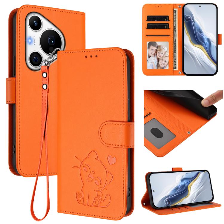 Embossed Heart Cat Leather Phone Case with Hand Strap, For Huawei nova 13 Pro, For Huawei nova 13 / nova 12, For Huawei Pura 70 Pro / Pura 70 Pro+, For Huawei Pura 70 Ultra