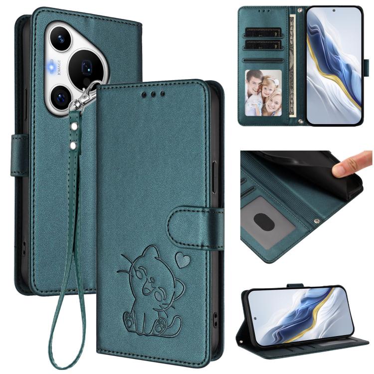 Embossed Heart Cat Leather Phone Case with Hand Strap, For Huawei nova 13 Pro, For Huawei nova 13 / nova 12, For Huawei Pura 70 Pro / Pura 70 Pro+, For Huawei Pura 70 Ultra