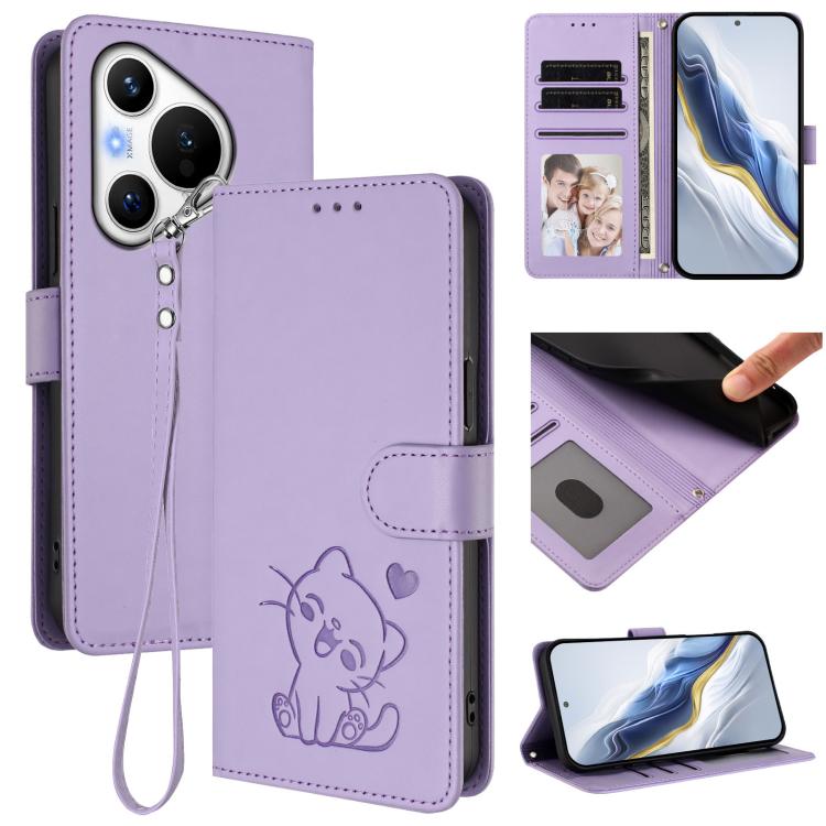Embossed Heart Cat Leather Phone Case with Hand Strap, For Huawei nova 12s / nova 12 Lite / nova 11, For Huawei Pura 70, For Huawei Mate 60 Pro / Mate 60 Pro+, For Huawei Mate 60