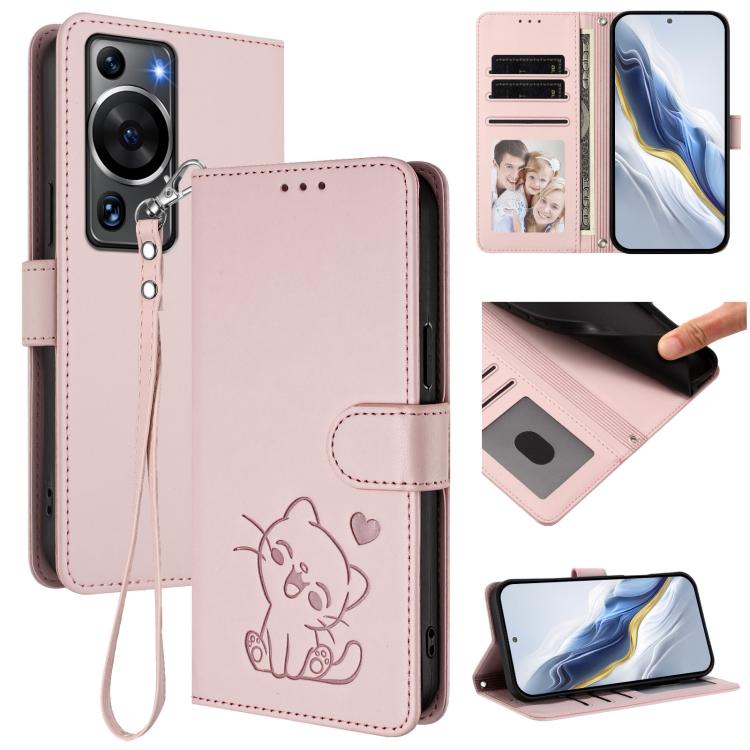 Embossed Heart Cat Leather Phone Case with Hand Strap, For Huawei Enjoy 50 / Enjoy 60 / nova Y70, For Huawei P60 Art, For Huawei P60 / P60 Pro, For Huawei Enjoy 50 Pro / nova Y90