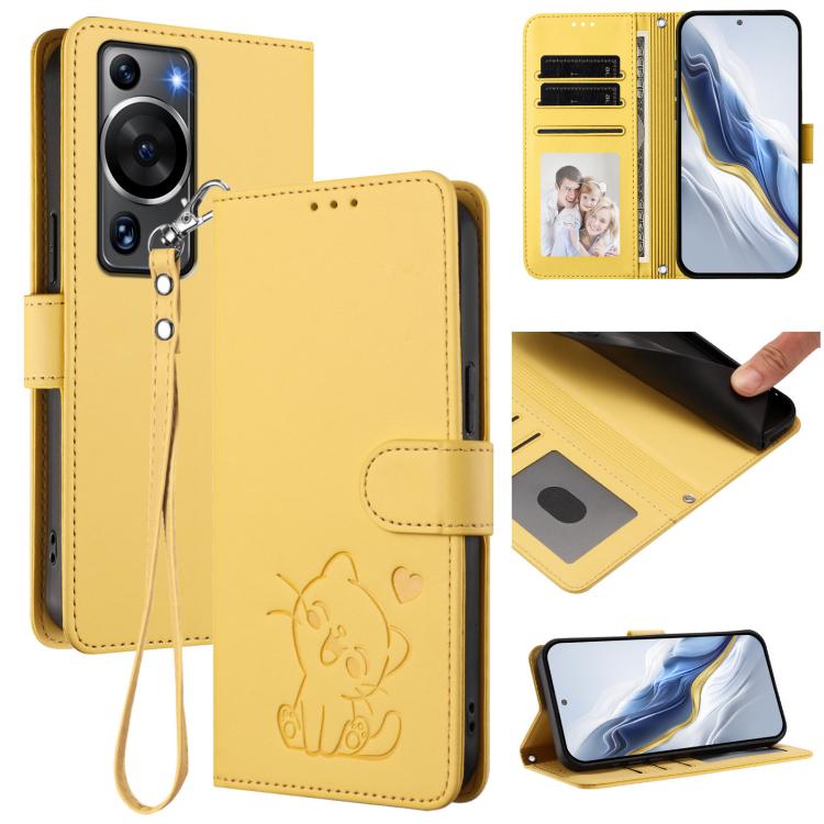 Embossed Heart Cat Leather Phone Case with Hand Strap, For Huawei Enjoy 50 / Enjoy 60 / nova Y70, For Huawei P60 Art, For Huawei P60 / P60 Pro, For Huawei Enjoy 50 Pro / nova Y90