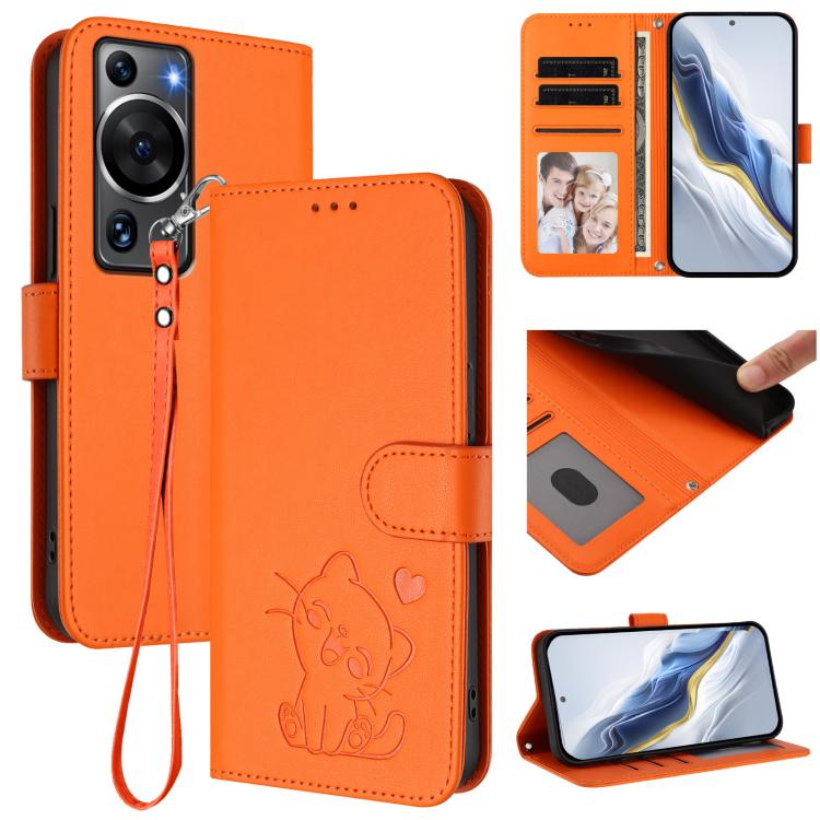 Embossed Heart Cat Leather Phone Case with Hand Strap, For Huawei Enjoy 50 / Enjoy 60 / nova Y70, For Huawei P60 Art, For Huawei P60 / P60 Pro, For Huawei Enjoy 50 Pro / nova Y90