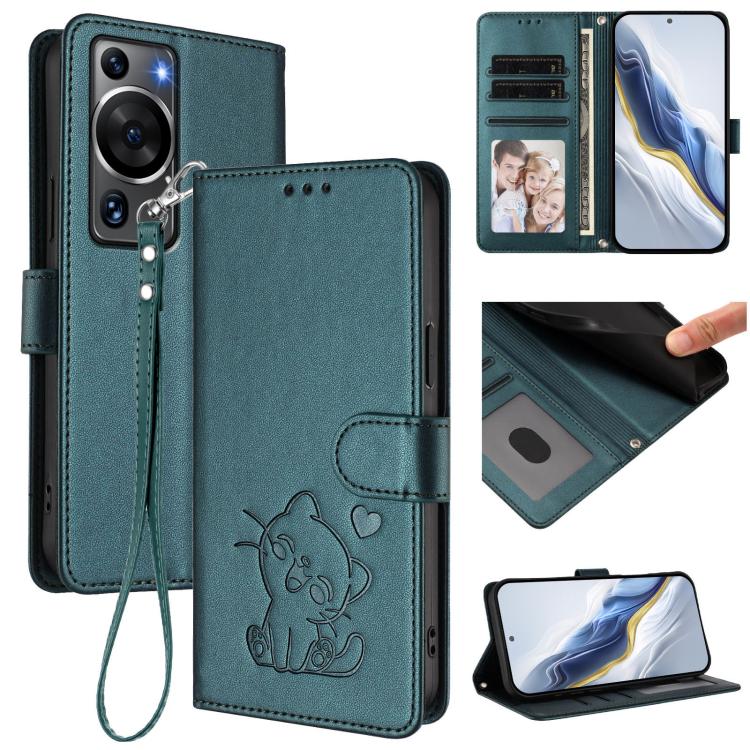 Embossed Heart Cat Leather Phone Case with Hand Strap, For Huawei Enjoy 50 / Enjoy 60 / nova Y70, For Huawei P60 Art, For Huawei P60 / P60 Pro, For Huawei Enjoy 50 Pro / nova Y90