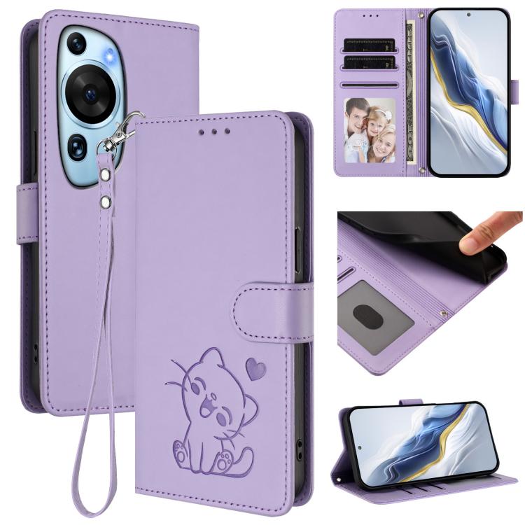 Embossed Heart Cat Leather Phone Case with Hand Strap, For Huawei Enjoy 50 / Enjoy 60 / nova Y70, For Huawei P60 Art, For Huawei P60 / P60 Pro, For Huawei Enjoy 50 Pro / nova Y90