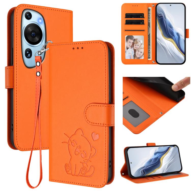 Embossed Heart Cat Leather Phone Case with Hand Strap, For Huawei Enjoy 50 / Enjoy 60 / nova Y70, For Huawei P60 Art, For Huawei P60 / P60 Pro, For Huawei Enjoy 50 Pro / nova Y90