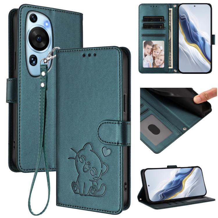 Embossed Heart Cat Leather Phone Case with Hand Strap, For Huawei Enjoy 50 / Enjoy 60 / nova Y70, For Huawei P60 Art, For Huawei P60 / P60 Pro, For Huawei Enjoy 50 Pro / nova Y90