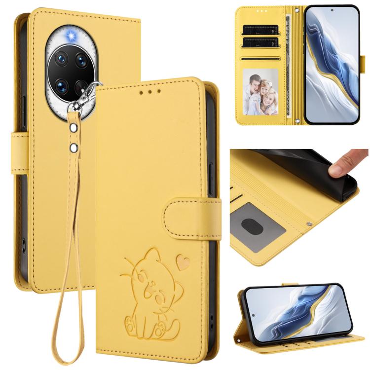 Embossed Heart Cat Leather Phone Case with Hand Strap, For Huawei Enjoy 80s, For Huawei nova 14 Ultra, For Huawei nova 14 Pro, For Huawei nova 14