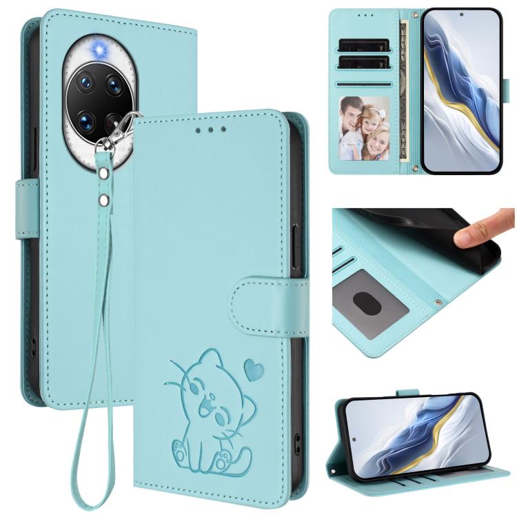 Embossed Heart Cat Leather Phone Case with Hand Strap, For Huawei Enjoy 80s, For Huawei nova 14 Ultra, For Huawei nova 14 Pro, For Huawei nova 14