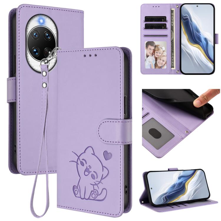 Embossed Heart Cat Leather Phone Case with Hand Strap, For Huawei Enjoy 80s, For Huawei nova 14 Ultra, For Huawei nova 14 Pro, For Huawei nova 14