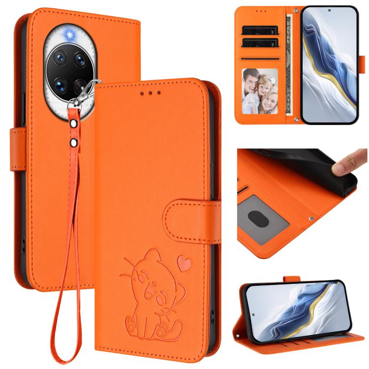 Embossed Heart Cat Leather Phone Case with Hand Strap, For Huawei Enjoy 80s, For Huawei nova 14 Ultra, For Huawei nova 14 Pro, For Huawei nova 14