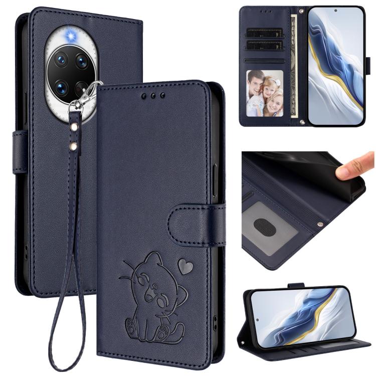 Embossed Heart Cat Leather Phone Case with Hand Strap, For Huawei Enjoy 80s, For Huawei nova 14 Ultra, For Huawei nova 14 Pro, For Huawei nova 14