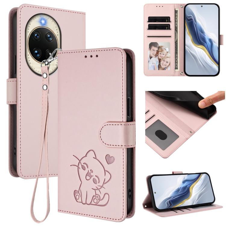 Embossed Heart Cat Leather Phone Case with Hand Strap, For Huawei Enjoy 80s, For Huawei nova 14 Ultra, For Huawei nova 14 Pro, For Huawei nova 14