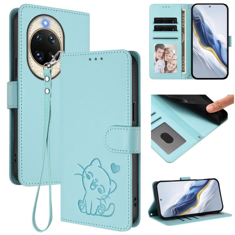 Embossed Heart Cat Leather Phone Case with Hand Strap, For Huawei Enjoy 80s, For Huawei nova 14 Ultra, For Huawei nova 14 Pro, For Huawei nova 14