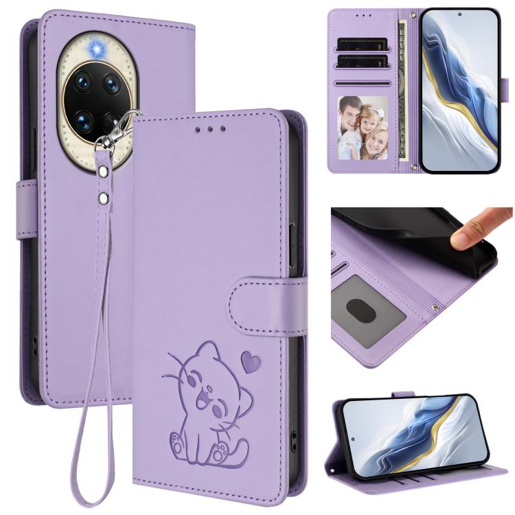 Embossed Heart Cat Leather Phone Case with Hand Strap, For Huawei Enjoy 80s, For Huawei nova 14 Ultra, For Huawei nova 14 Pro, For Huawei nova 14