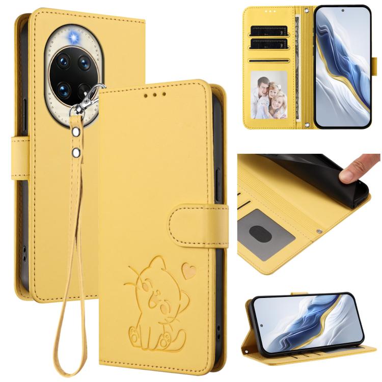 Embossed Heart Cat Leather Phone Case with Hand Strap, For Huawei Enjoy 80s, For Huawei nova 14 Ultra, For Huawei nova 14 Pro, For Huawei nova 14
