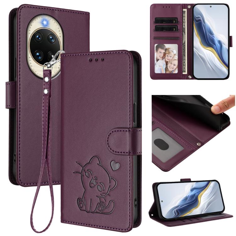 Embossed Heart Cat Leather Phone Case with Hand Strap, For Huawei Enjoy 80s, For Huawei nova 14 Ultra, For Huawei nova 14 Pro, For Huawei nova 14