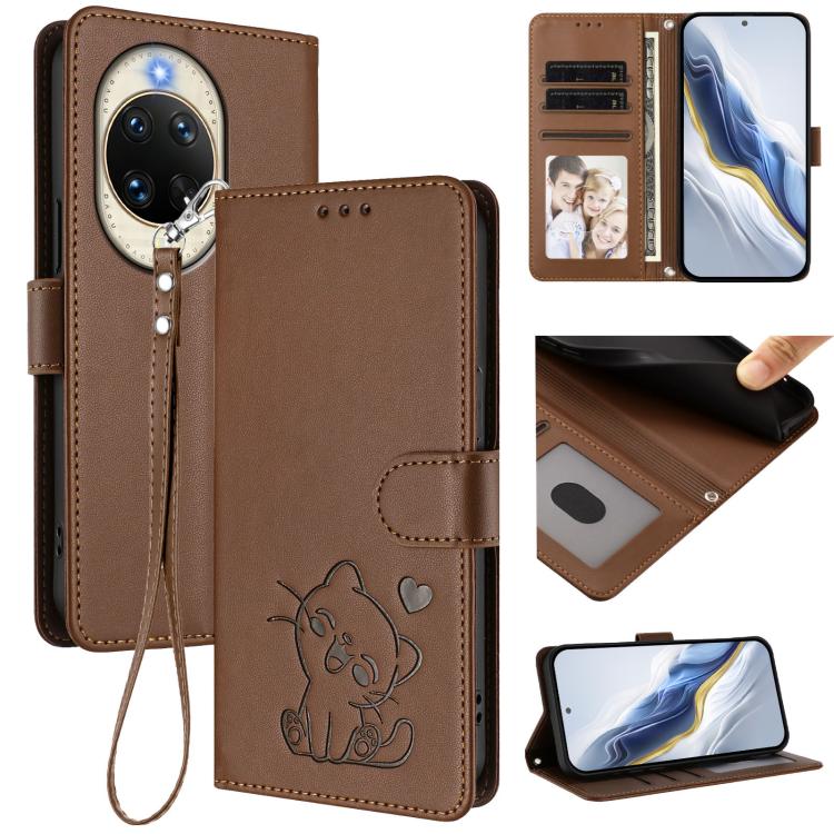 Embossed Heart Cat Leather Phone Case with Hand Strap, For Huawei Enjoy 80s, For Huawei nova 14 Ultra, For Huawei nova 14 Pro, For Huawei nova 14