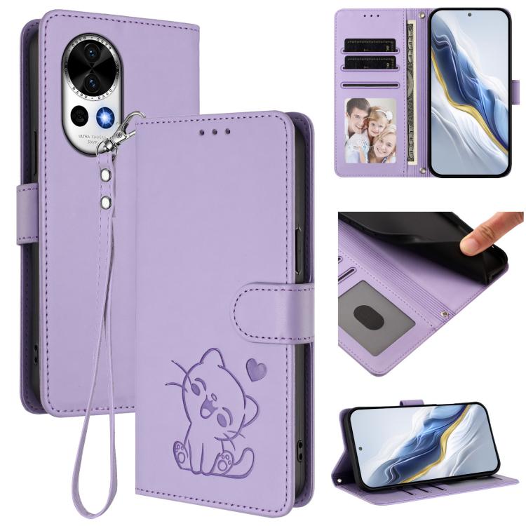 Embossed Heart Cat Leather Phone Case with Hand Strap, For Huawei nova 13 Pro, For Huawei nova 13 / nova 12, For Huawei Pura 70 Pro / Pura 70 Pro+, For Huawei Pura 70 Ultra