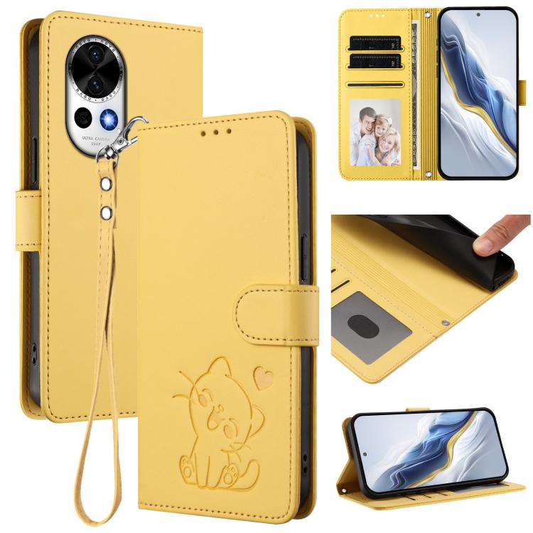 Embossed Heart Cat Leather Phone Case with Hand Strap, For Huawei nova 13 Pro, For Huawei nova 13 / nova 12, For Huawei Pura 70 Pro / Pura 70 Pro+, For Huawei Pura 70 Ultra