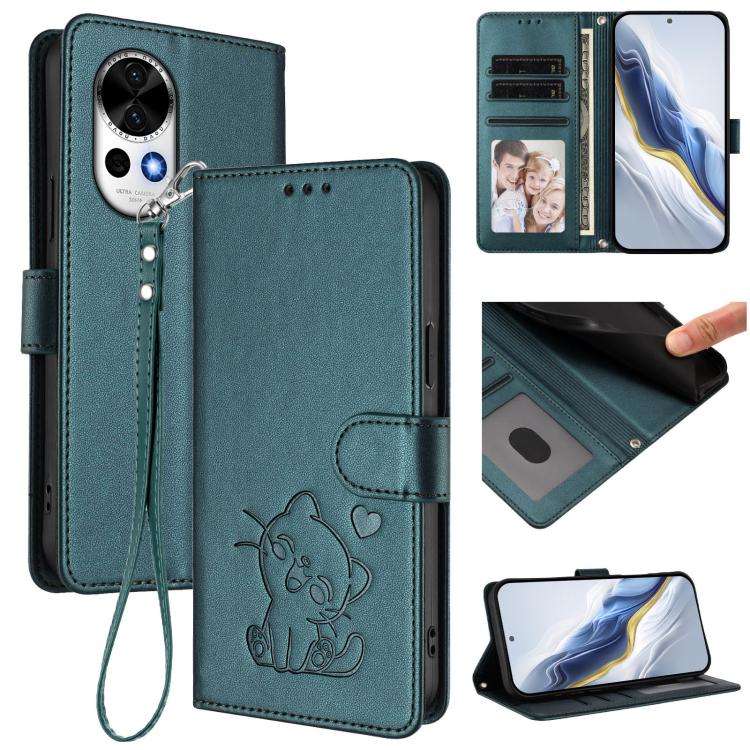 Embossed Heart Cat Leather Phone Case with Hand Strap, For Huawei nova 13 Pro, For Huawei nova 13 / nova 12, For Huawei Pura 70 Pro / Pura 70 Pro+, For Huawei Pura 70 Ultra