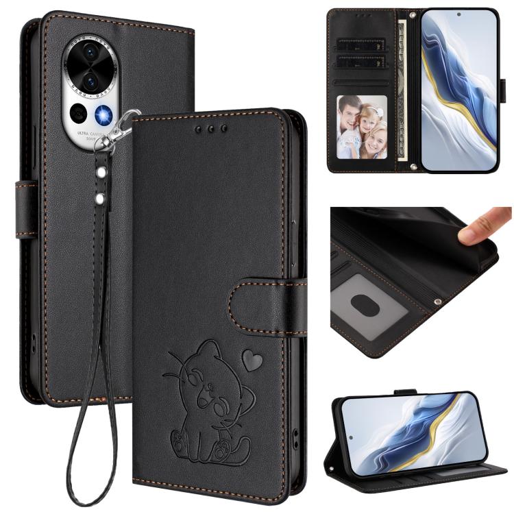 Embossed Heart Cat Leather Phone Case with Hand Strap, For Huawei nova 13 Pro, For Huawei nova 13 / nova 12, For Huawei Pura 70 Pro / Pura 70 Pro+, For Huawei Pura 70 Ultra