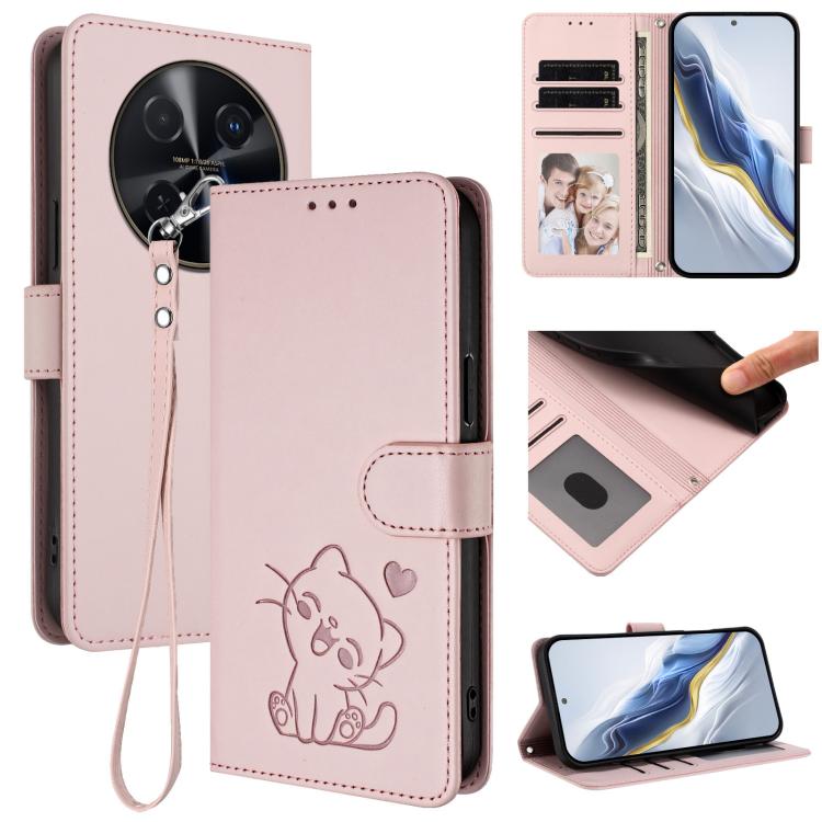 Embossed Heart Cat Leather Phone Case with Hand Strap, For Huawei Enjoy 80 / Nova Y73, For Huawei nova 13i / nova 12i Global, For Huawei Mate 70 Pro, For Huawei Mate 70