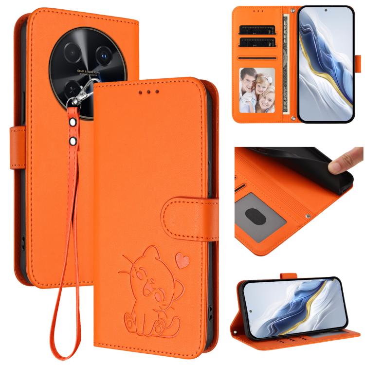 Embossed Heart Cat Leather Phone Case with Hand Strap, For Huawei Enjoy 80 / Nova Y73, For Huawei nova 13i / nova 12i Global, For Huawei Mate 70 Pro, For Huawei Mate 70