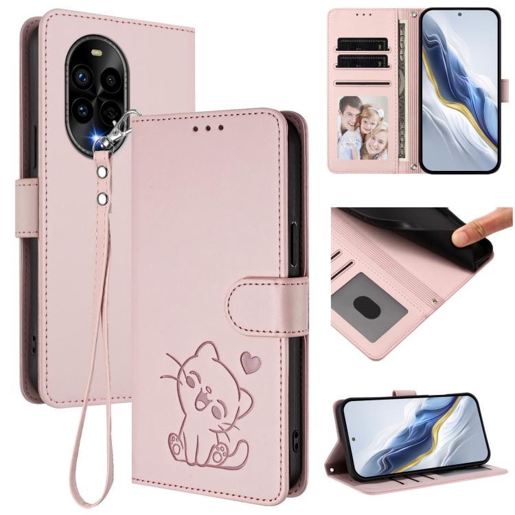 Embossed Heart Cat Leather Phone Case with Hand Strap, For Huawei nova 13 Pro, For Huawei nova 13 / nova 12, For Huawei Pura 70 Pro / Pura 70 Pro+, For Huawei Pura 70 Ultra