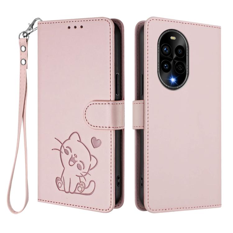 Embossed Heart Cat Leather Phone Case with Hand Strap, For Huawei nova 13 Pro, For Huawei nova 13 / nova 12, For Huawei Pura 70 Pro / Pura 70 Pro+, For Huawei Pura 70 Ultra