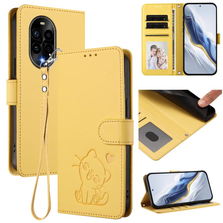 Embossed Heart Cat Leather Phone Case with Hand Strap, For Huawei nova 13 Pro, For Huawei nova 13 / nova 12, For Huawei Pura 70 Pro / Pura 70 Pro+, For Huawei Pura 70 Ultra