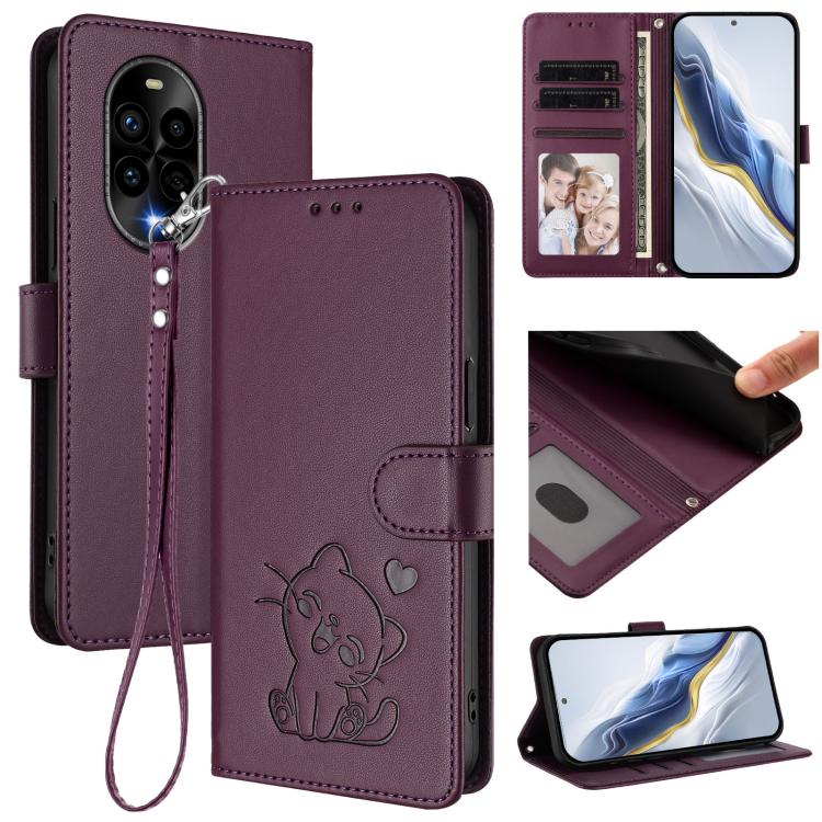 Embossed Heart Cat Leather Phone Case with Hand Strap, For Huawei nova 13 Pro, For Huawei nova 13 / nova 12, For Huawei Pura 70 Pro / Pura 70 Pro+, For Huawei Pura 70 Ultra